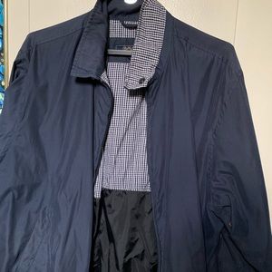 navy and checkered zip up windbreaker jacket